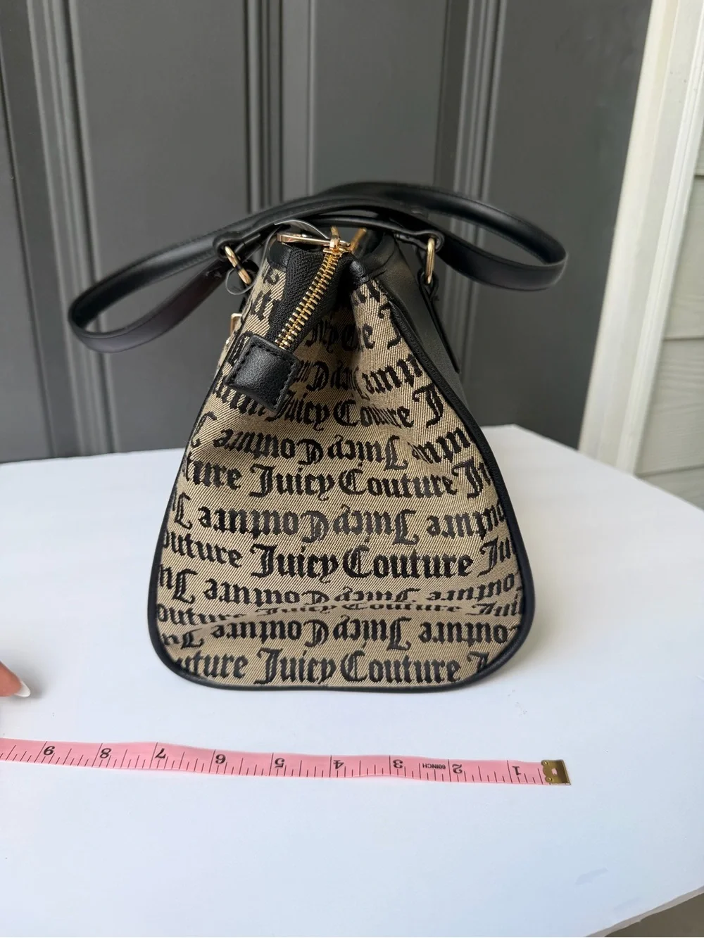 Juicy Couture Black & Beige Logo Dome Satchel with Gold Charm
